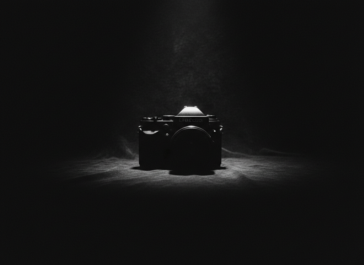 A cinematic black and white image of a film camera in dramatic light