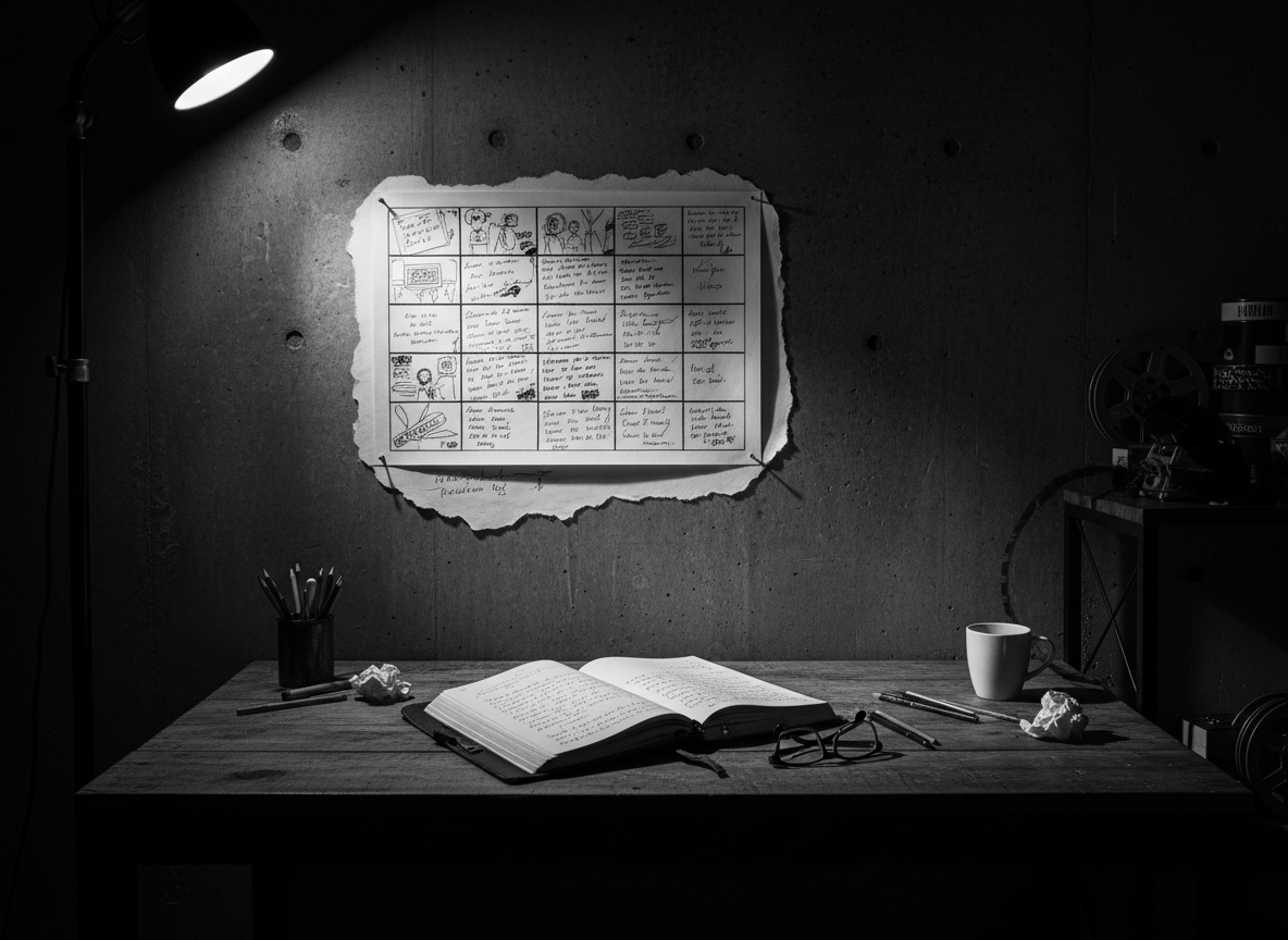 A cinematic black and white photograph of a filmmaker or director reviewing footage on a monitor in a dark studio, dramatic side lighting, film set atmosphere, moody and intentional, editorial quality, high contrast