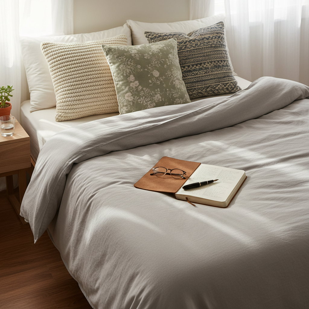 A neatly made queen-sized bed with a textured, light-gray cotton duvet gently rumpled at the foot, three mismatched throw pillows, and a well-loved journal lying open on the center, pen resting across handwritten pages. A pair of reading glasses sits nearby on a simple wooden nightstand with a half-finished glass of water and a small potted plant. Late afternoon light pours through sheer curtains, creating soft, elongated shadows across the bedding. Photographic realism, captured from a slightly elevated angle with a calm, contemplative mood, emphasizing quiet moments of reflection and personal storytelling in a parent’s busy life.
